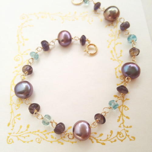 ネイビー淡水パールとアイオライトのブレスレット k14gf ブレスレット