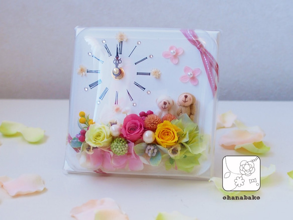 《ギフトに◎結婚祝い/送別/誕生日》プリザーブドフラワーの時計スタンドohanadokei-mini 5枚目の画像