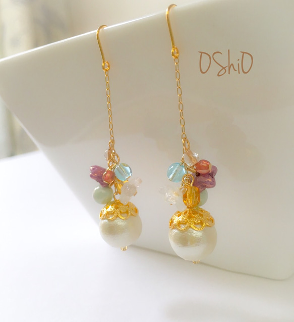 【再入荷】”光風"  flower ball ロング花コットンパールピアス イヤリング 2枚目の画像