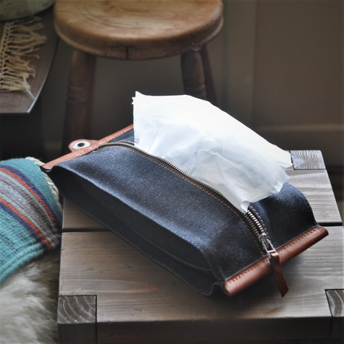 帆布orデニムとレザーのおしゃれな2wayティッシュカバー/ティッシュ
