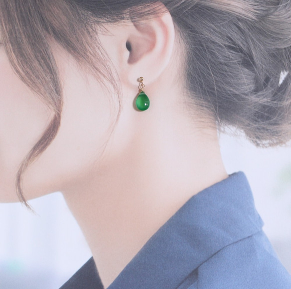 [Creema限定點向上] * 14kgf *綠色on瑪瑙簡單耳釘耳環和項鍊套裝 第4張的照片