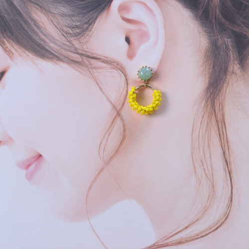 ちか☺︎ フラワー型アベンチュリンピアス　イヤリングに変更可能☺︎ Creema限定 ポイントアップ】＊瑞々しいアベンチュリンとミモザの