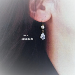 【Creema限量點上】*裂紋水晶貝殼珍珠耳環*14kgf*可換耳環 第3張的照片