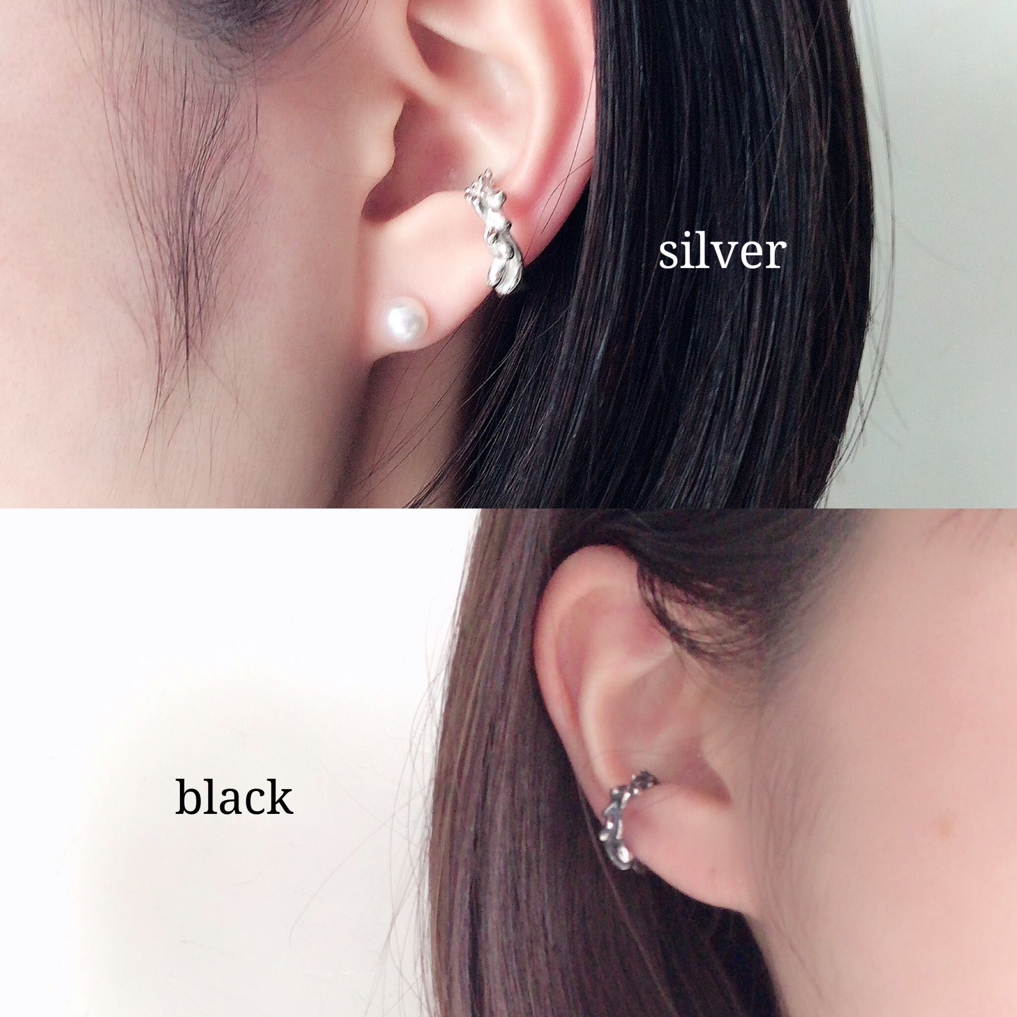 波打つ。しずくフープイヤーカフ 《SLV/BLK》2way シルバー925〔単品〕リンクコーデ