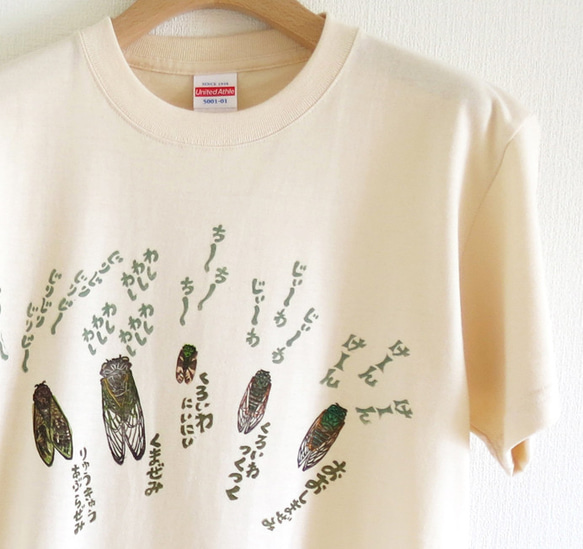リアルかわいい昆虫Tシャツ　沖縄のセミ5種（アダルトサイズ・ナチュラル） 1枚目の画像