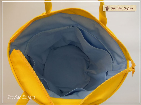 お家で洗えるバッグ【Ｌサイズ・ファスナー付き】カゴ型ショルダーバッグ 　△（さんかく）イエロー『特別価格・送料無料』 7枚目の画像