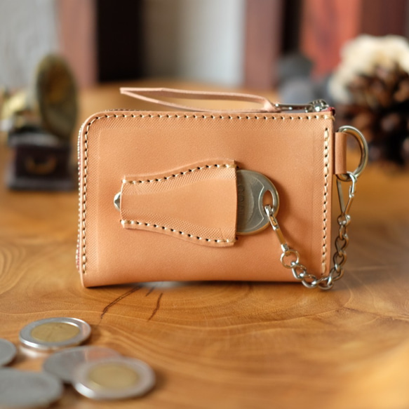 鍵も仕舞える小さい財布　ナチュラル（サドルレザー）コンパクトキーケースパスケース定期入れメンズレディースヌメ革プレゼント 1枚目の画像