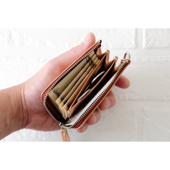 鍵も仕舞える小さい財布　ナチュラル（サドルレザー）コンパクトキーケースパスケース定期入れメンズレディースヌメ革プレゼント 2枚目の画像