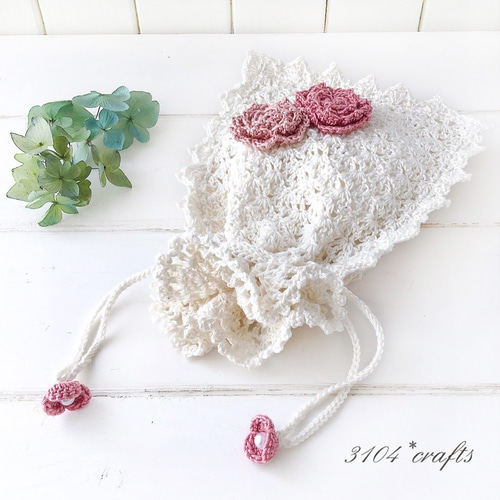 レース編み＊ガーリーなバラの巾着＊ポーチ 巾着袋 3104*crafts 通販