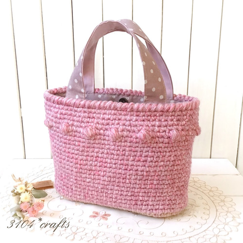 スモーキーピンクのニットバッグ＊持ち手布＊内布付き トートバッグ