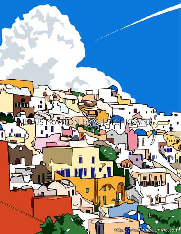 版画作品　風景イラスト「Pastel townⅡ」　フレーム（額）入り　（ギリシャ・サントリーニ島のかわいい街並み♪） 1枚目の画像