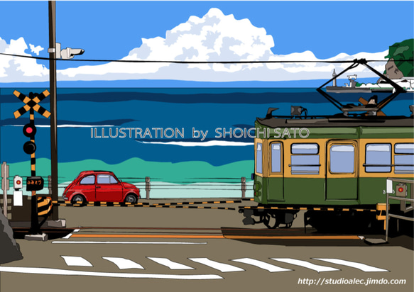 版画作品　湘南イラスト「いつかの海岸線２」　（江ノ電と鎌倉高校前踏切を走るフィアット500のイラスト） 1枚目の画像