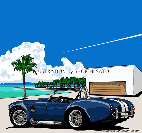 版画作品　南国のイラスト「Paradise Time」　フレーム(額)入り　（フロリダの海とオープンカーのイラスト ） 1枚目の画像