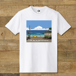 Tシャツ　湘南イラスト「いつかの海岸線２」（鎌倉高校前踏切を走る江ノ電とフィアット500） 2枚目の画像