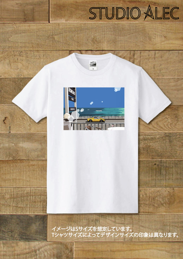 湘南イラスト・Tシャツ　稲村ケ崎の海岸線を走るディーノ246のイラスト　「Good afternoon sea」 1枚目の画像