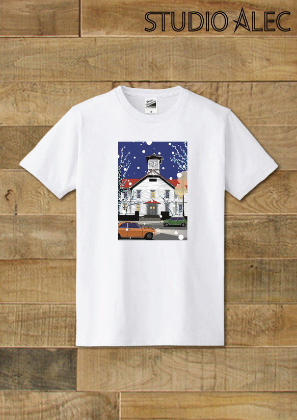 イラスト・Tシャツ　札幌時計台と雪の街並みイラスト 「白い季節の時計台」 1枚目の画像