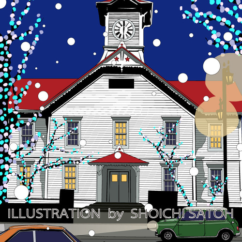 版画作品 札幌時計台と雪の街並みイラスト 「白い季節の時計台