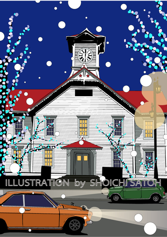 版画作品　札幌時計台と雪の街並みイラスト 「白い季節の時計台」　フレーム(額)入り　 1枚目の画像