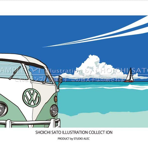 南国イラスト 水平線とワーゲンバス A4サイズ・ポスター その他