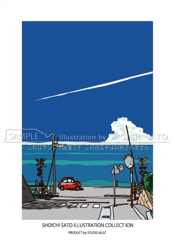 湘南イラストポスター「鎌倉高校前踏切の海岸線とフィアット500」 A4サイズ 1枚目の画像