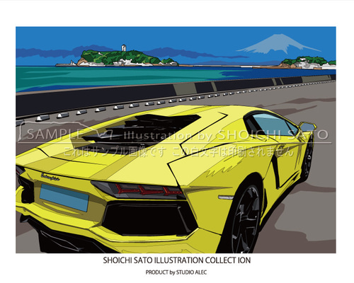 数量限定特価！湘南イラスト「七里ヶ浜駐車場から江ノ島を臨む