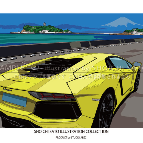 数量限定特価！湘南イラスト「七里ヶ浜駐車場から江ノ島を臨む