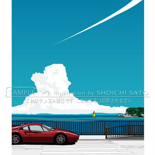 数量限定特価！湘南イラスト「湘南の海岸線とフェラーリ328GTB
