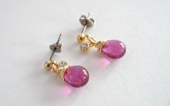 GLASS Larme pierced earrings/ear clips cherry red 第1張的照片