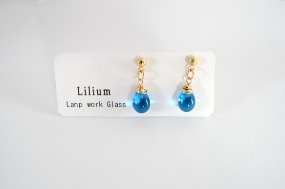 GLASS Larme pierced earrings/ear clips cobalt blue 第3張的照片