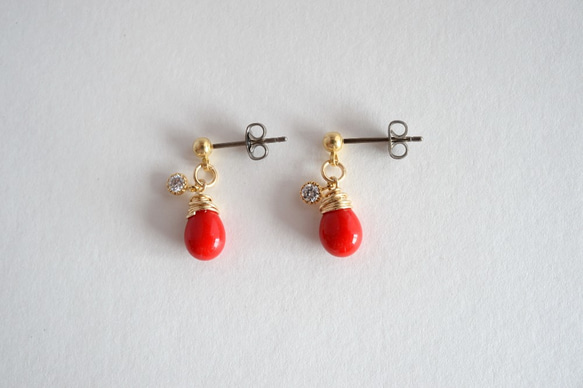 GLASS Larme pierced earrings/ear clips  Red 第2張的照片