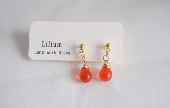 GLASS Larme ear clips/pierced earrings Orange Vermillion 第2張的照片