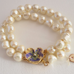 VINTAGE 2Strands baroque pearl pansy bracelet 2枚目の画像