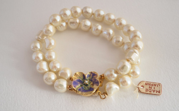 VINTAGE 2Strands baroque pearl pansy bracelet 2枚目の画像
