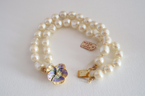 VINTAGE 2Strands baroque pearl pansy bracelet 5枚目の画像