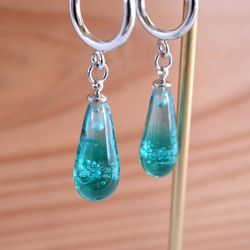 GLASS Bubble Drop Chain Ear clips Light blue×Green 第1張的照片