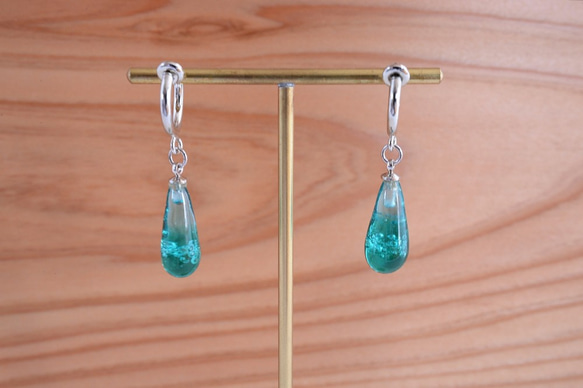 GLASS Bubble Drop Chain Ear clips Light blue×Green 第2張的照片