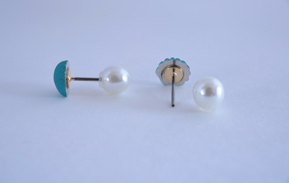 VINTAGE Sea shell Pierced earrings/Ear clips  Emerald Blue 第5張的照片