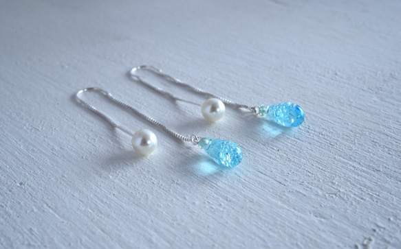 GLASS Bubble Drop Chain Pierced earrings  Blue soda 第2張的照片