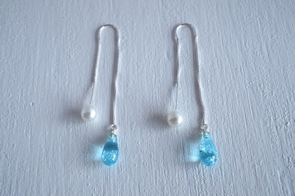 GLASS Bubble Drop Chain Pierced earrings  Blue soda 第4張的照片