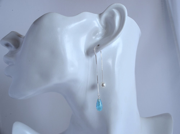 GLASS Bubble Drop Chain Pierced earrings  Blue soda 第5張的照片