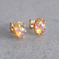 VINTAGE k14gf Fire opal glass Pierced earrings Oval 第1張的照片