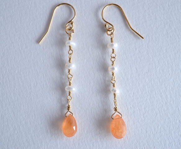 STONE Orange garnet pearl Pierced earrings k14gf/Ear clips 第1張的照片