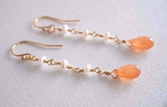 STONE Orange garnet pearl Pierced earrings k14gf/Ear clips 第2張的照片