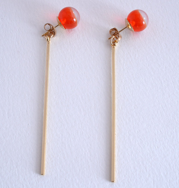 GLASS Vermilion clear glass stick Pierced earrings/Ear clips 第2張的照片