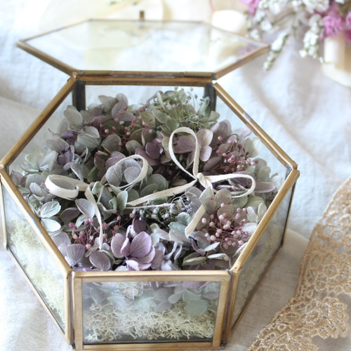 アンティークなガラスケースのリングピロー☆ヘキサゴンL リング