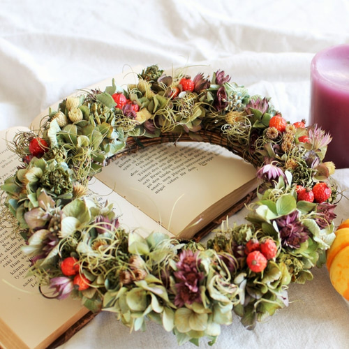 sale❍ラッピング無料❍鈴バラとアストランティアのリース20cm☆ドライ  