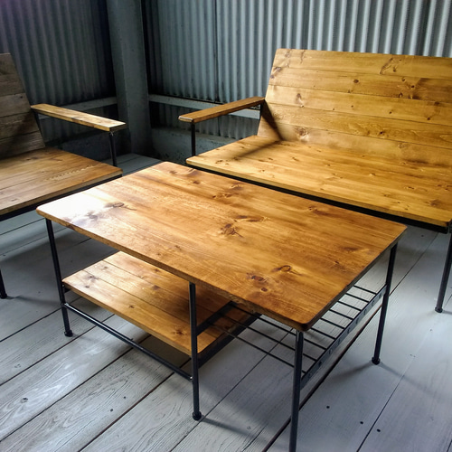 ソファセット】アイアン ウッド リビング ソファ ローテーブル セット