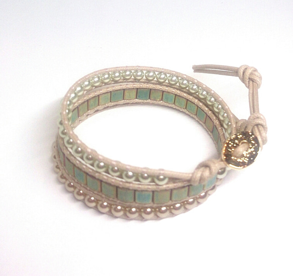 Rusty green＆ pearl wrap bracelet   #168 2枚目の画像