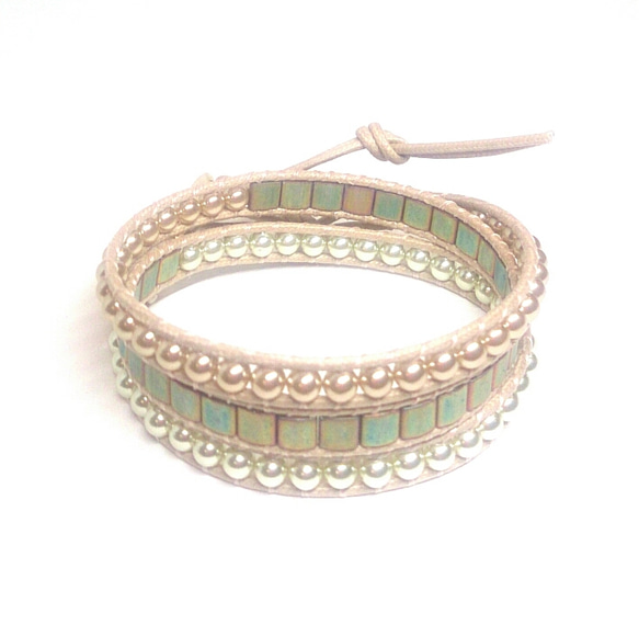 Rusty green＆ pearl wrap bracelet   #168 4枚目の画像