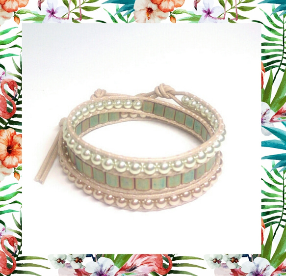 Rusty green＆ pearl wrap bracelet   #168 5枚目の画像